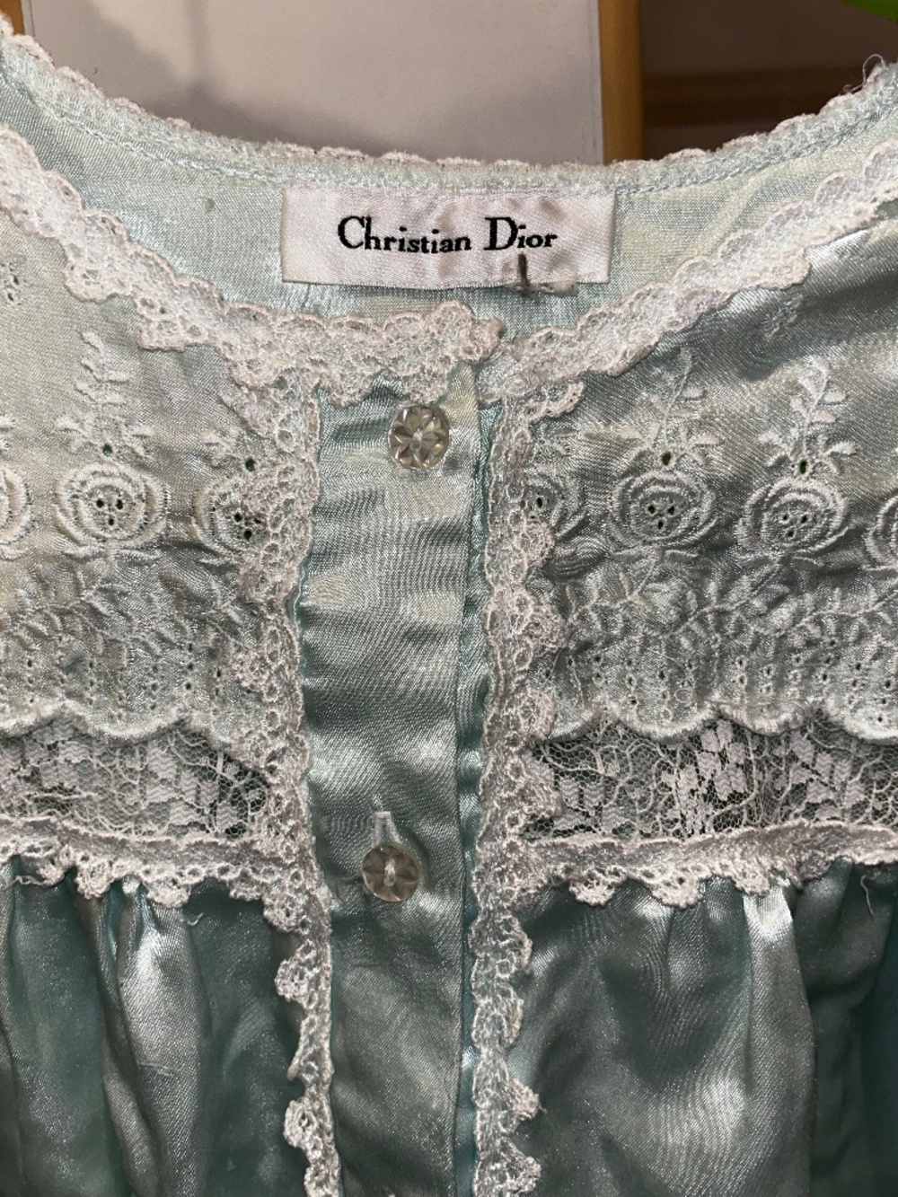 Christian Dior pale aqua sateen puff shoulder lace trim nightgown 2X